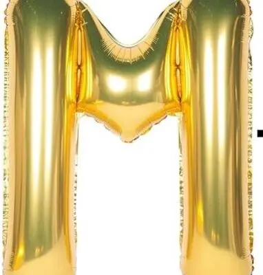 A shiny gold foil balloon shaped like the letter M.