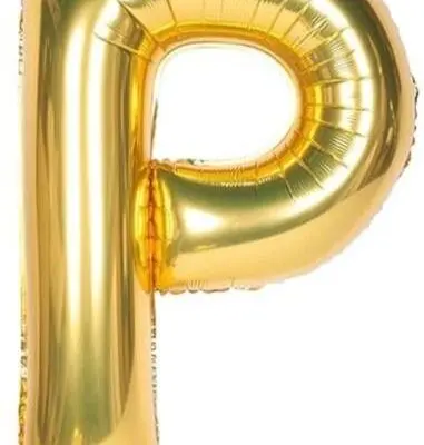 A gold foil balloon shaped like the letter P.
