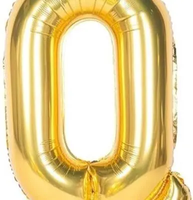 A shiny gold balloon shaped like the number zero.