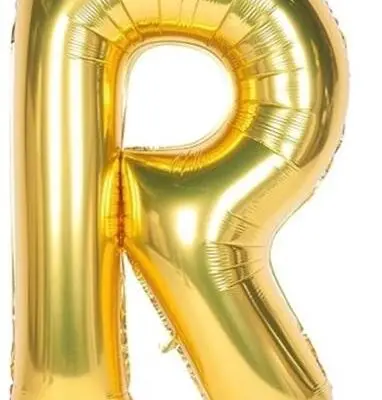 A shiny gold foil balloon shaped like the letter R.