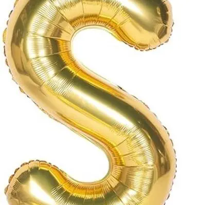 A gold foil balloon shaped like the letter S.