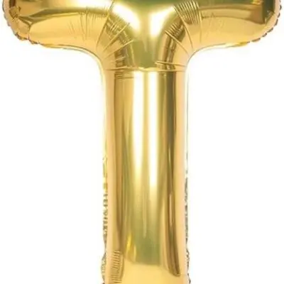 A gold foil balloon shaped like the letter T.