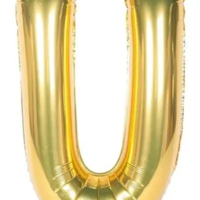 A shiny gold balloon shaped like the letter U.
