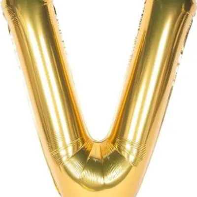 A shiny gold balloon shaped like the letter V.