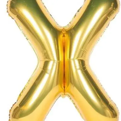 Shiny gold foil balloon shaped like the letter X.