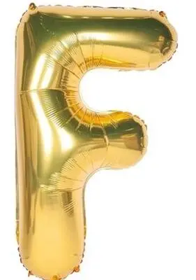 A shiny gold balloon shaped like the letter F.