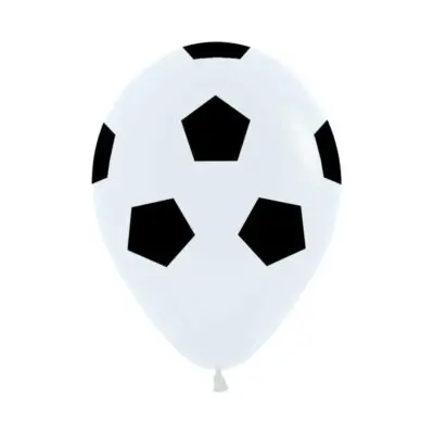 White balloon with black pentagon shapes resembling a soccer ball.