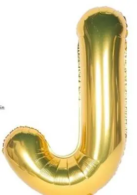 Shiny gold foil balloon shaped like the letter J.