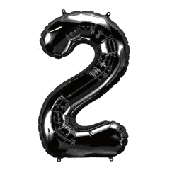 A shiny black balloon shaped like the number 2.