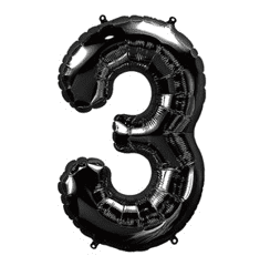 Shiny black balloon in the shape of the number 3.