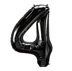 A shiny black balloon shaped like the number 4.