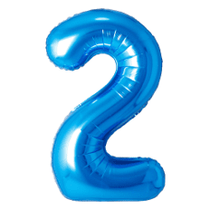 A shiny blue balloon shaped like the number 2.