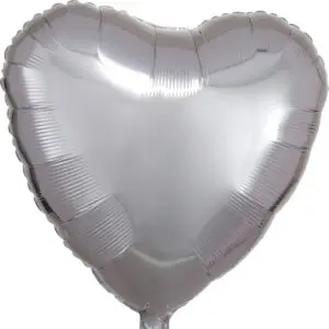 A silver heart-shaped balloon with a reflective surface.