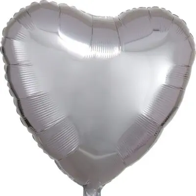A silver heart-shaped balloon with a reflective surface.