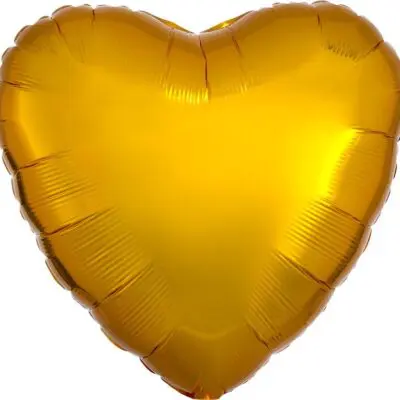 A shiny gold heart-shaped balloon against a white background.
