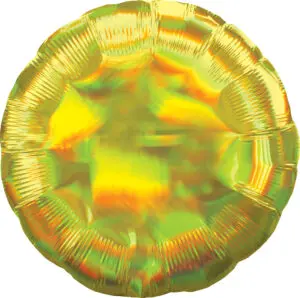 A shiny, round, gold foil balloon with a reflective surface.
