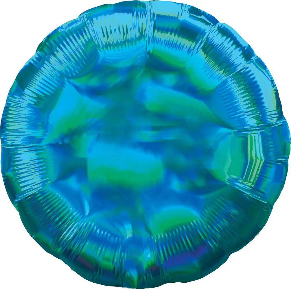 A shiny, round, blue-green foil balloon.