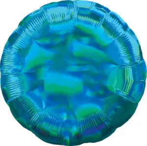 A shiny, blue-green round foil balloon.