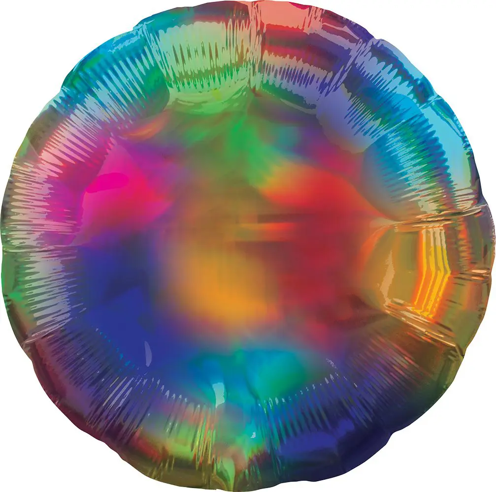 A colorful, round, holographic balloon with vibrant rainbow hues.