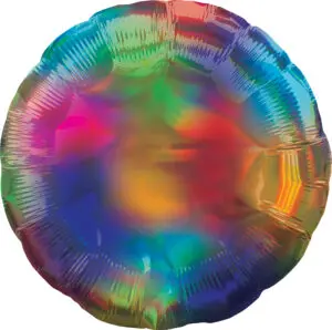 A colorful, round, iridescent balloon with a shiny surface.