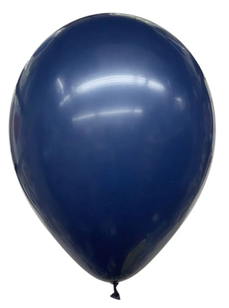 A shiny dark blue balloon against a white background.