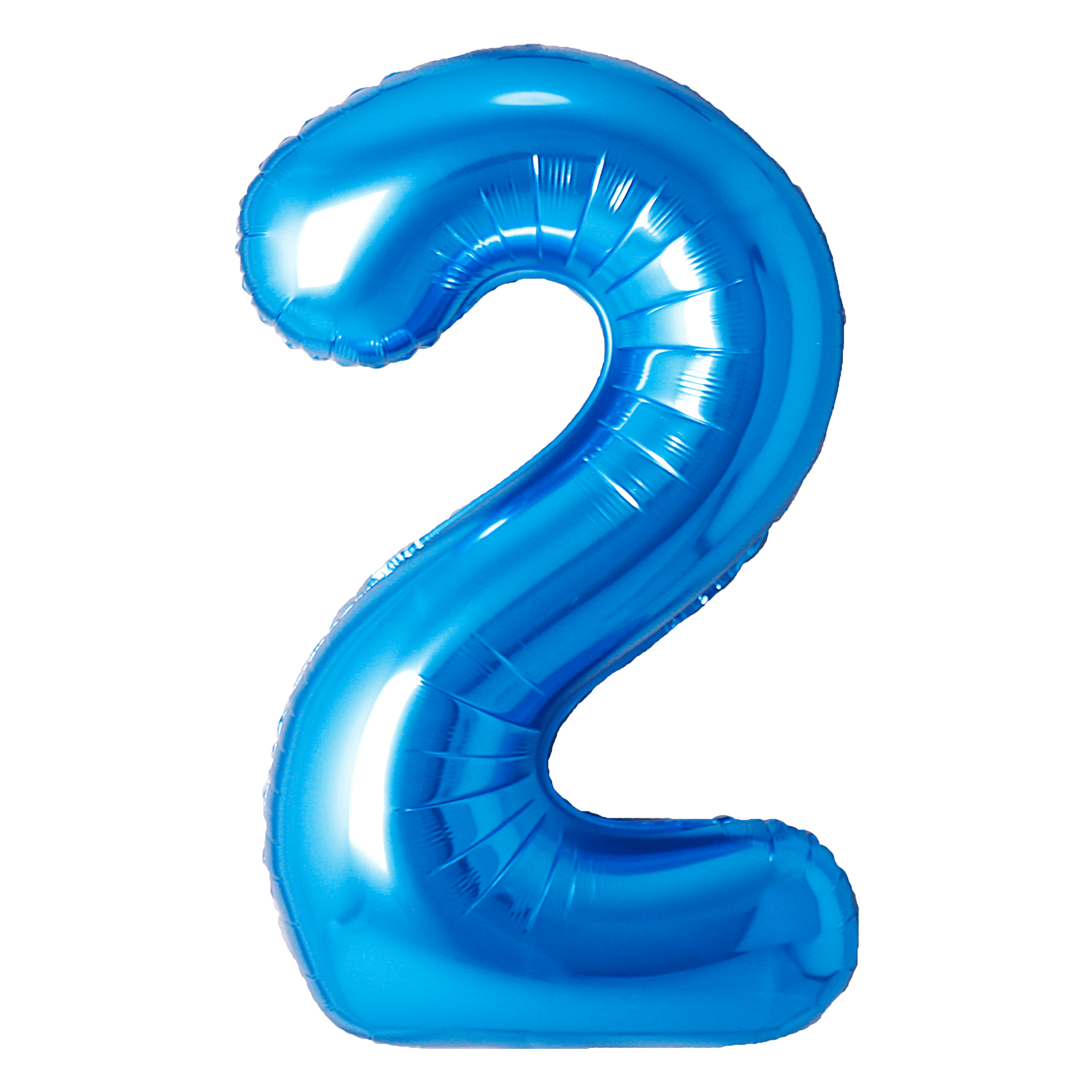 A shiny blue balloon shaped like the number 2.