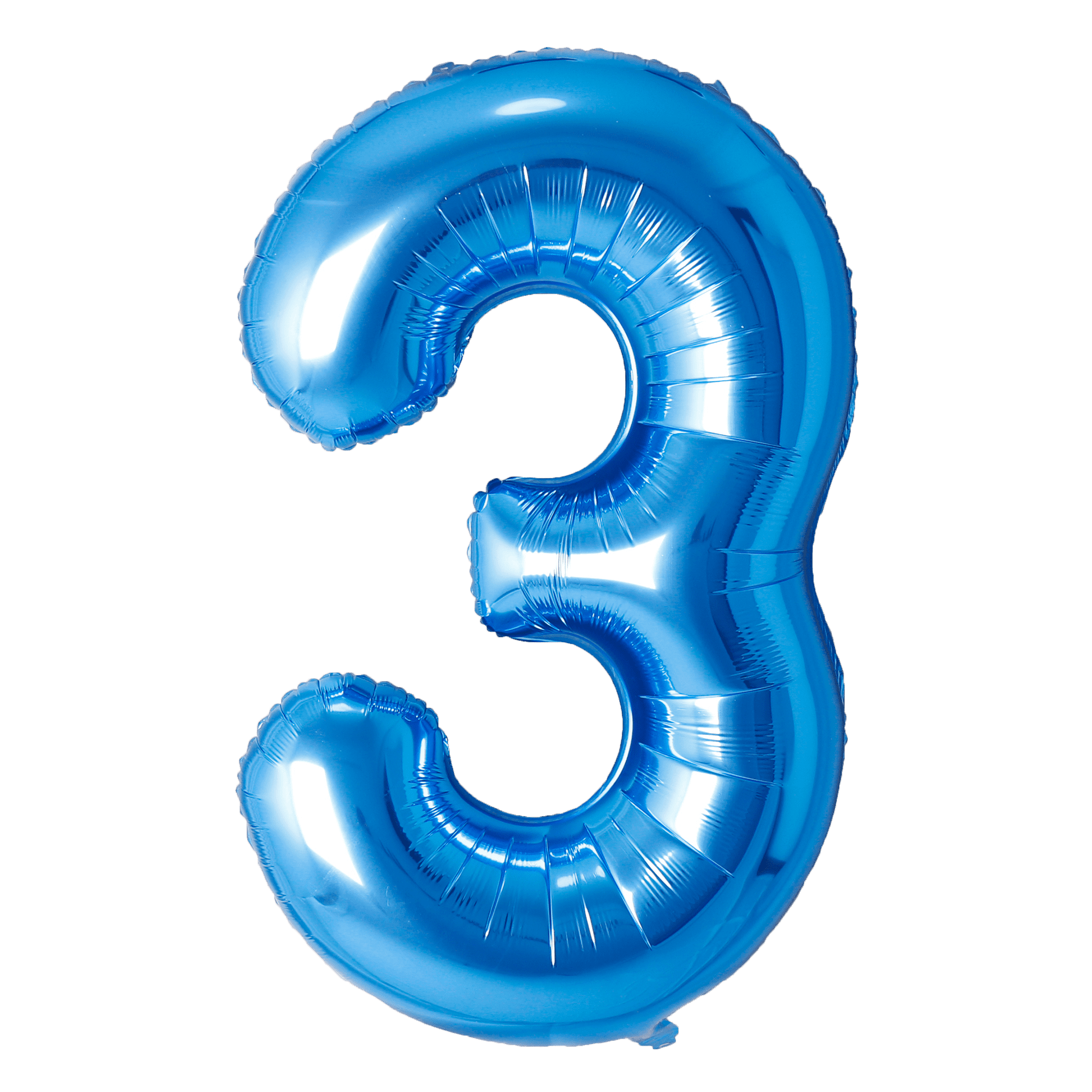 A shiny blue balloon shaped like the number 3.