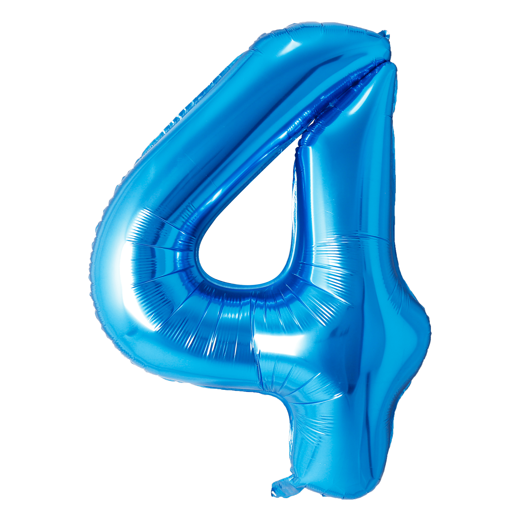 A shiny blue balloon shaped like the number 4.