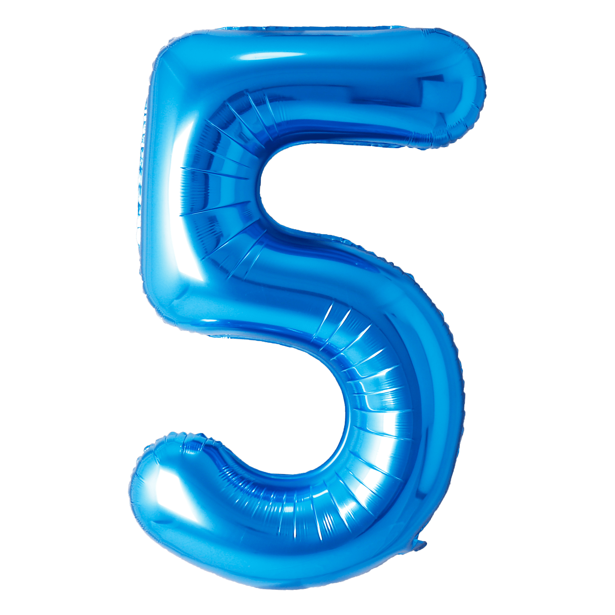 A shiny blue balloon shaped like the number 5.