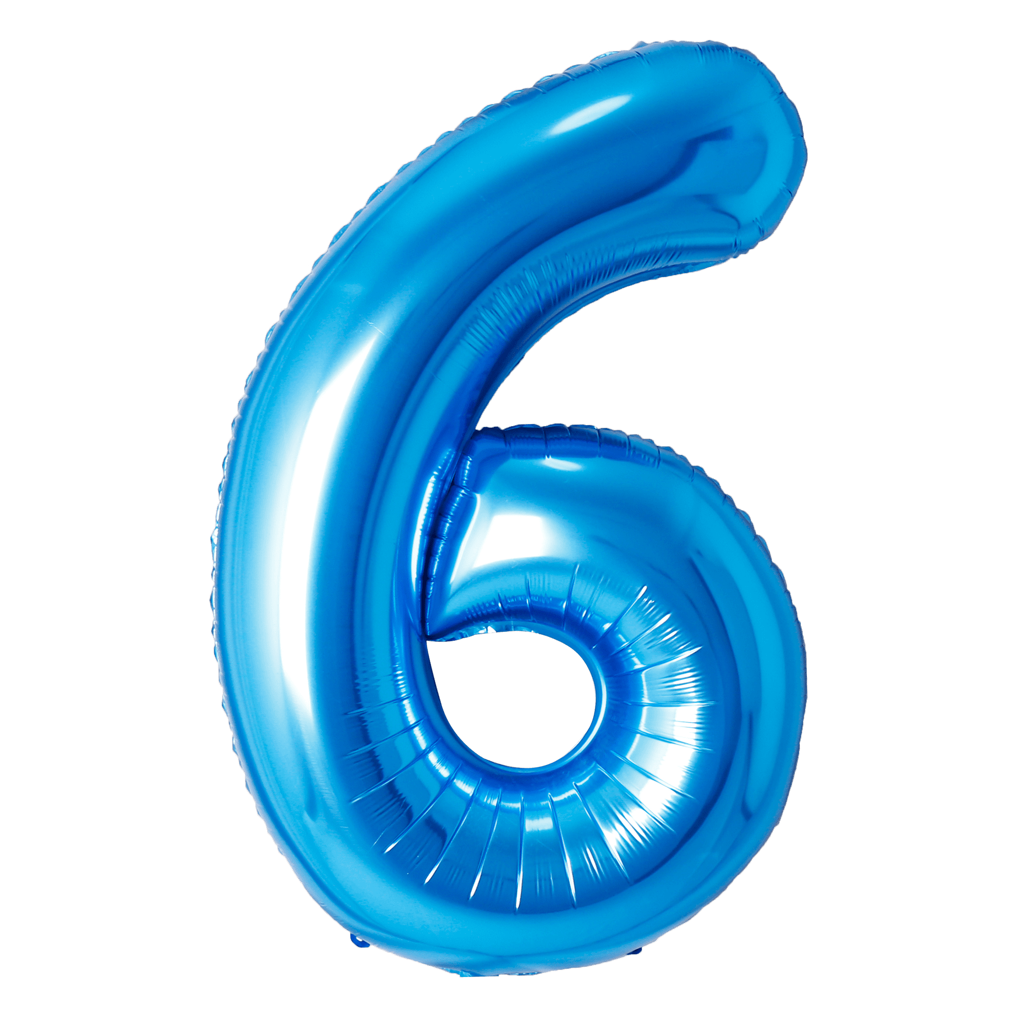 A shiny blue balloon shaped like the number 6.