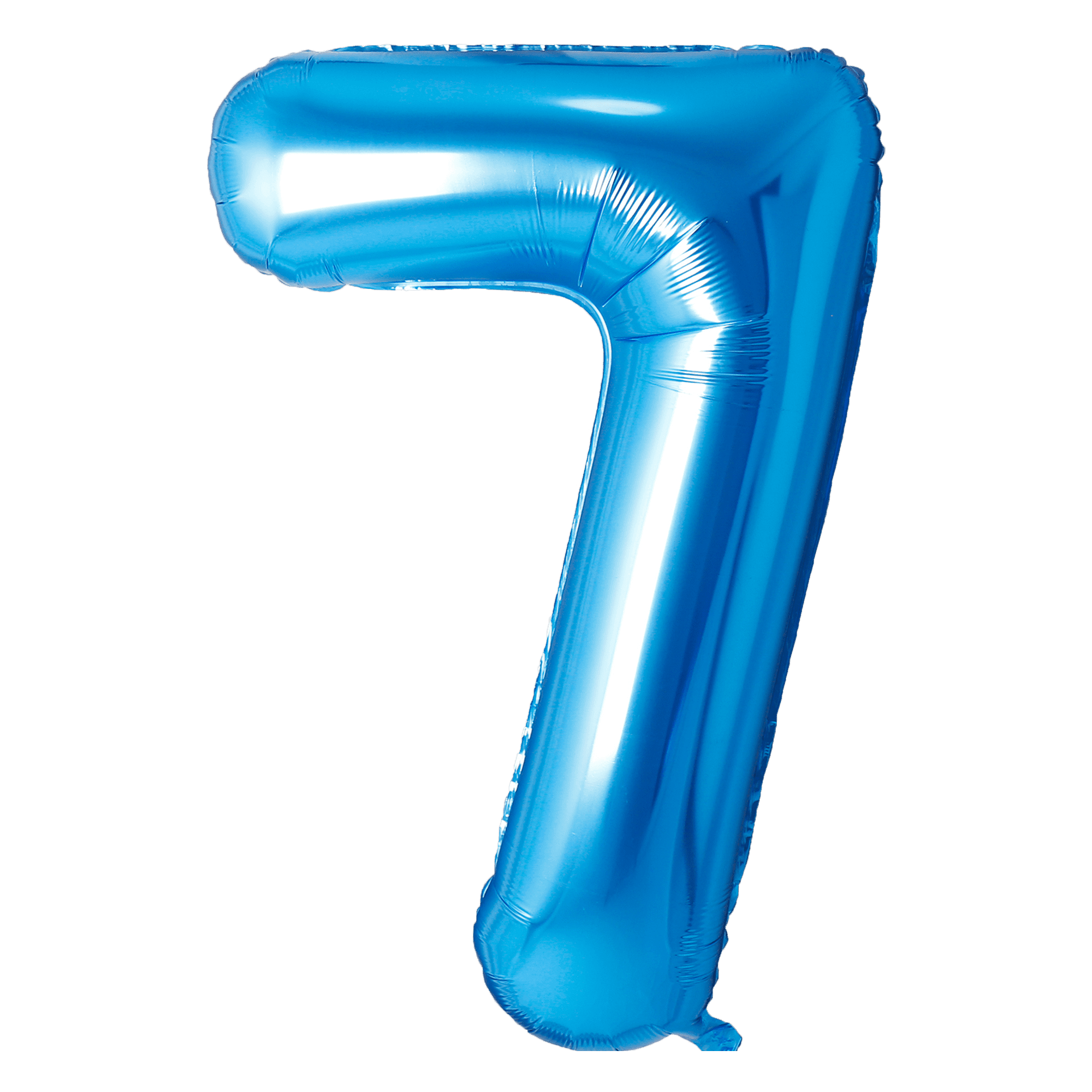 A shiny blue balloon shaped like the number seven.
