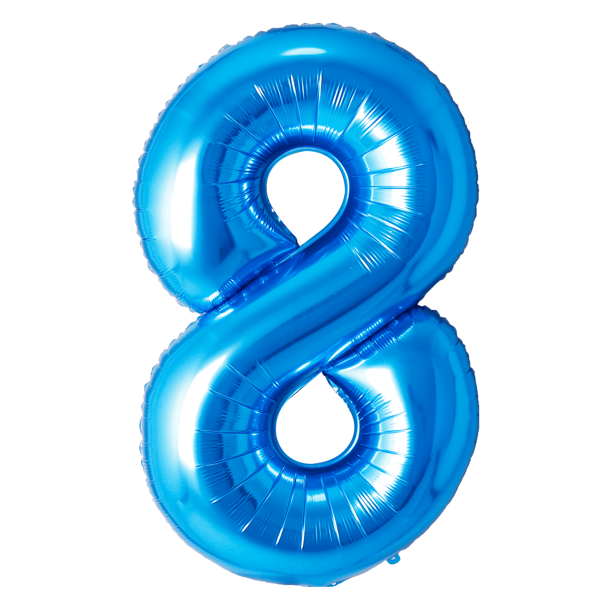 A shiny blue balloon shaped like the number 8.