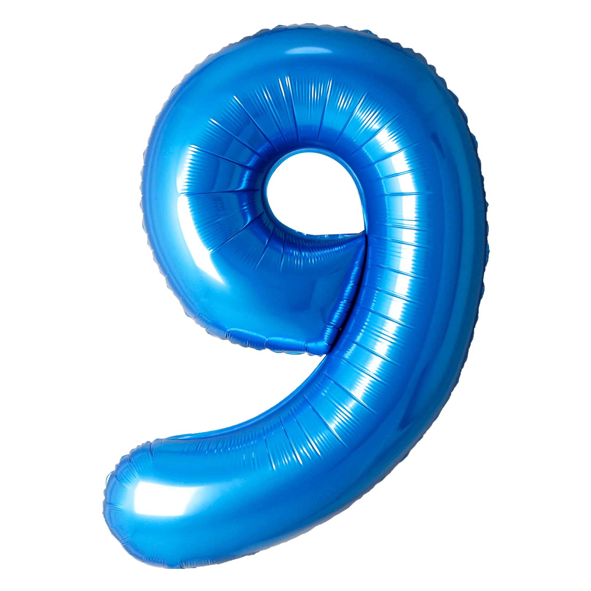 A shiny blue balloon shaped like the number 9.