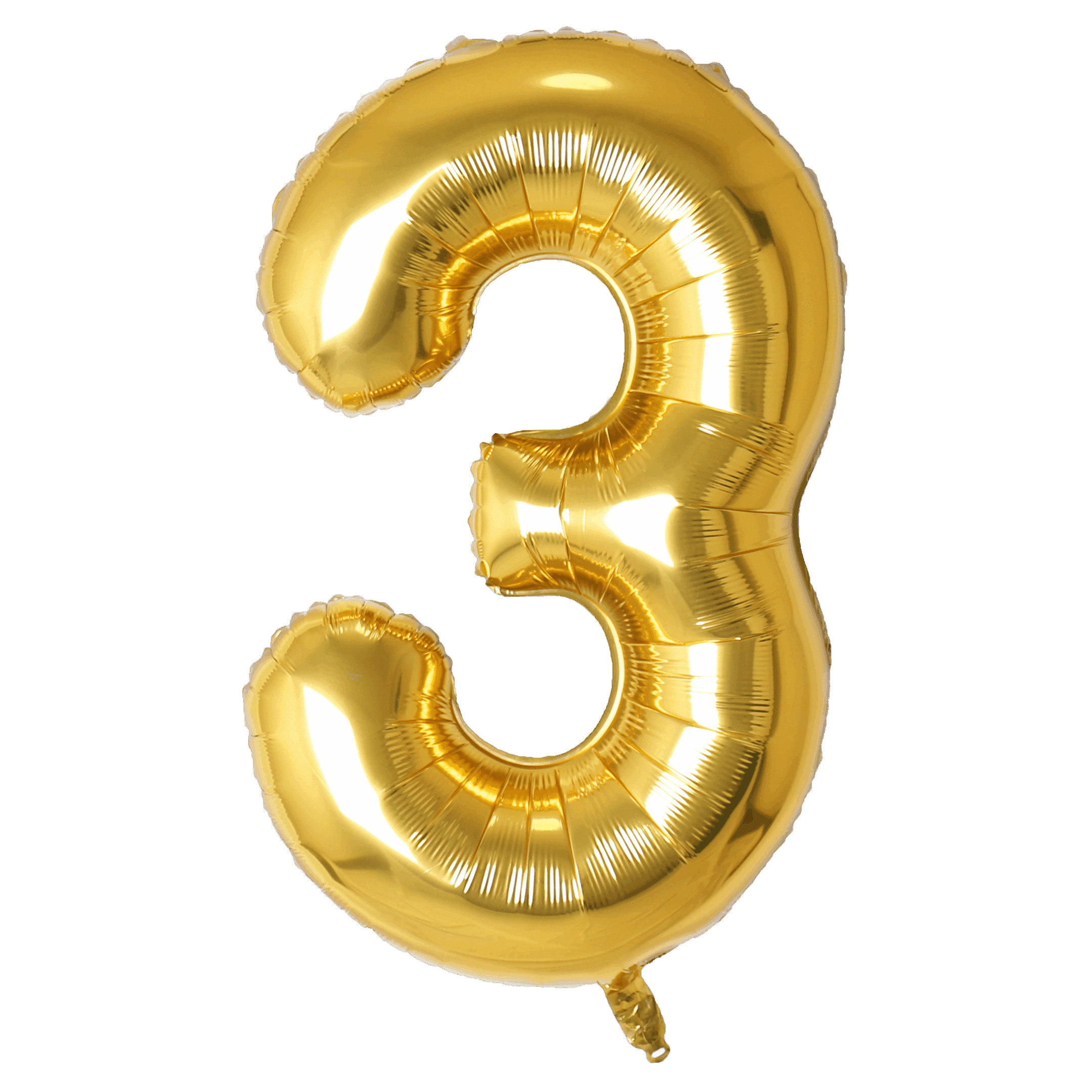 A shiny gold balloon shaped like the number three.