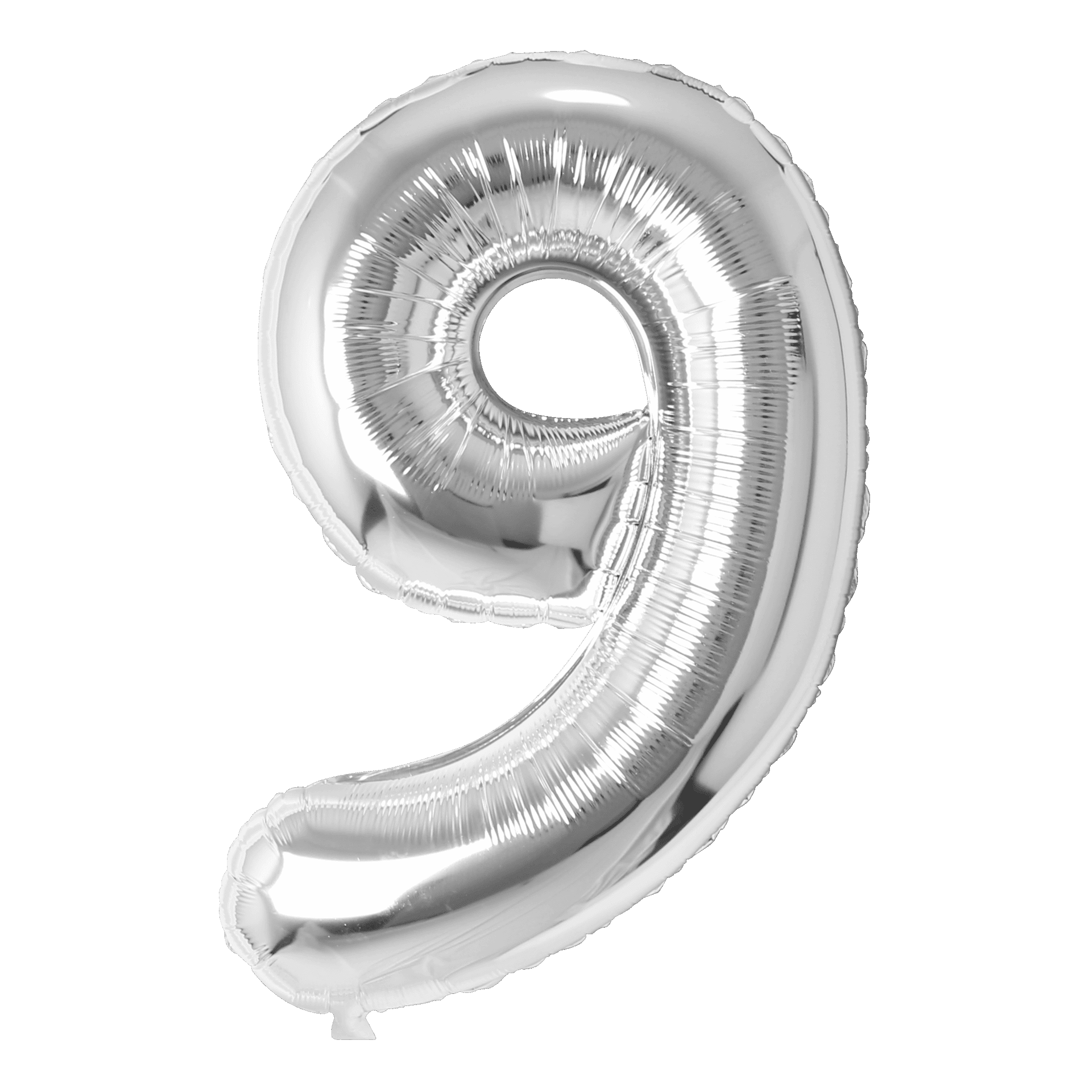 A silver balloon shaped like the number nine.