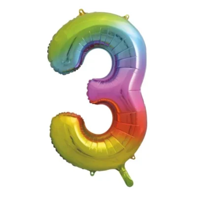 A colorful balloon shaped like the number three.