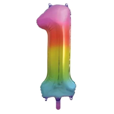 A rainbow-colored balloon shaped like the number one.