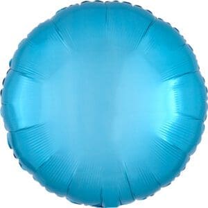 A round, shiny blue foil balloon.