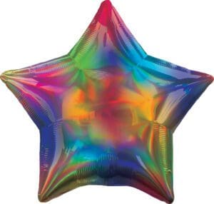 A shiny, multicolored star-shaped balloon.