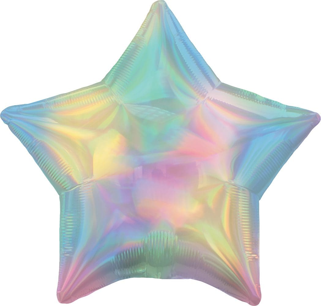 A shiny, iridescent star-shaped balloon with pastel hues.