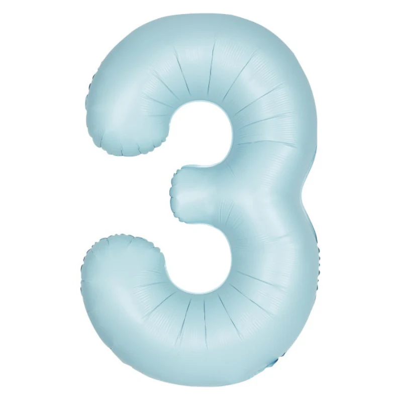 A light blue balloon shaped like the number 3.