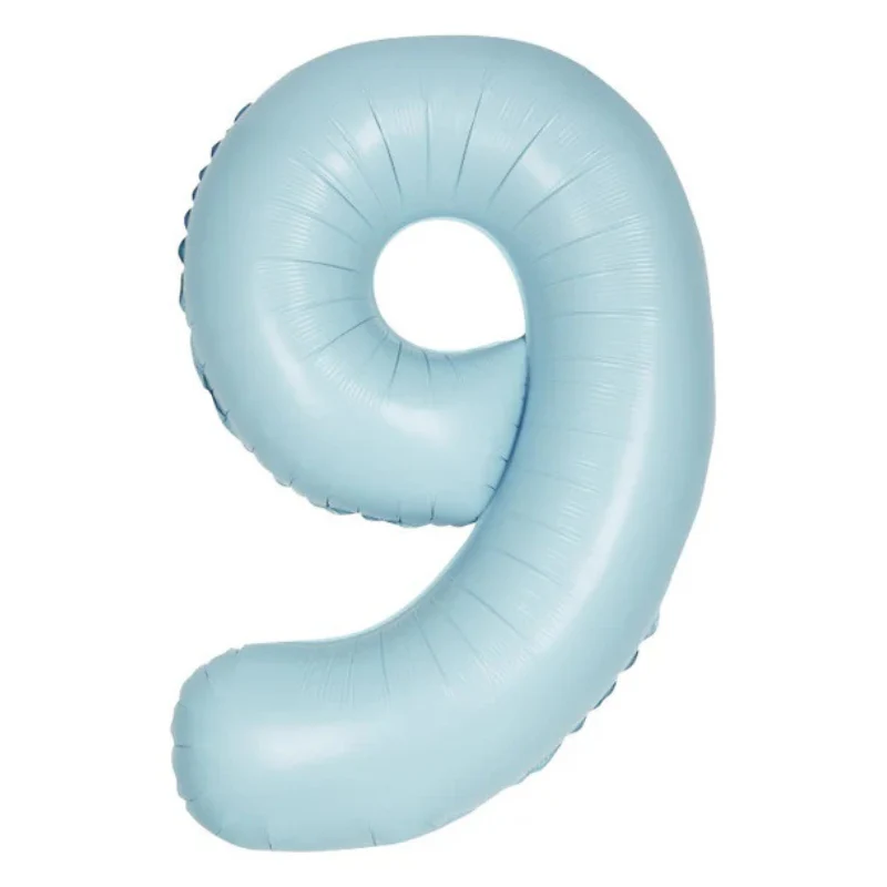 A light blue balloon shaped like the number 9.