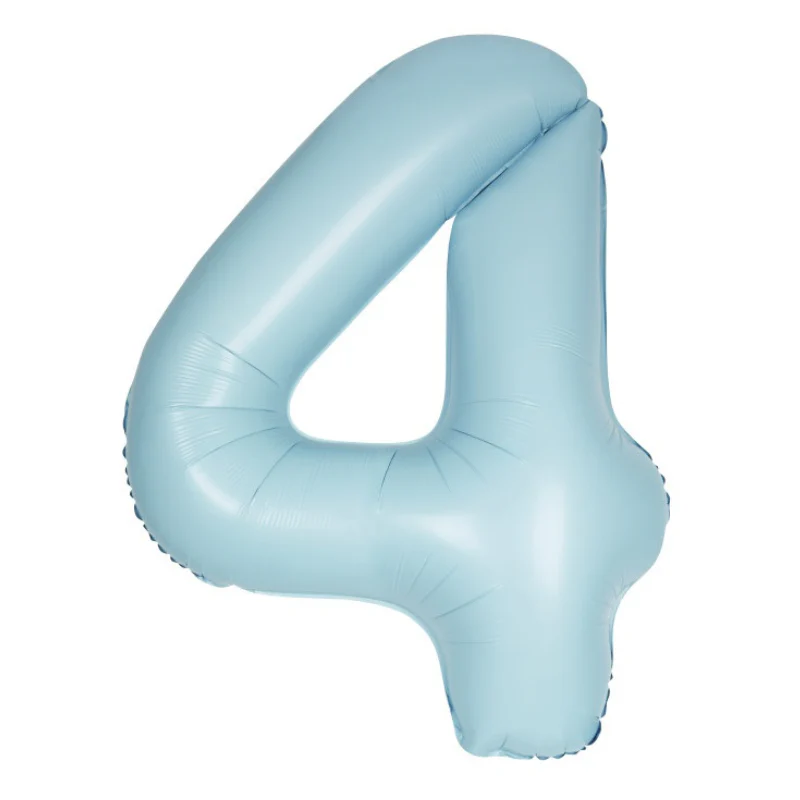 A shiny light blue balloon shaped like the number 4.
