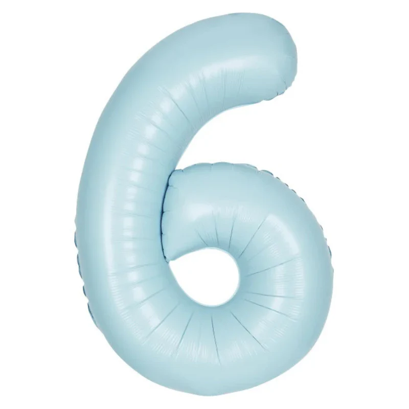 Light blue balloon shaped like the number six.