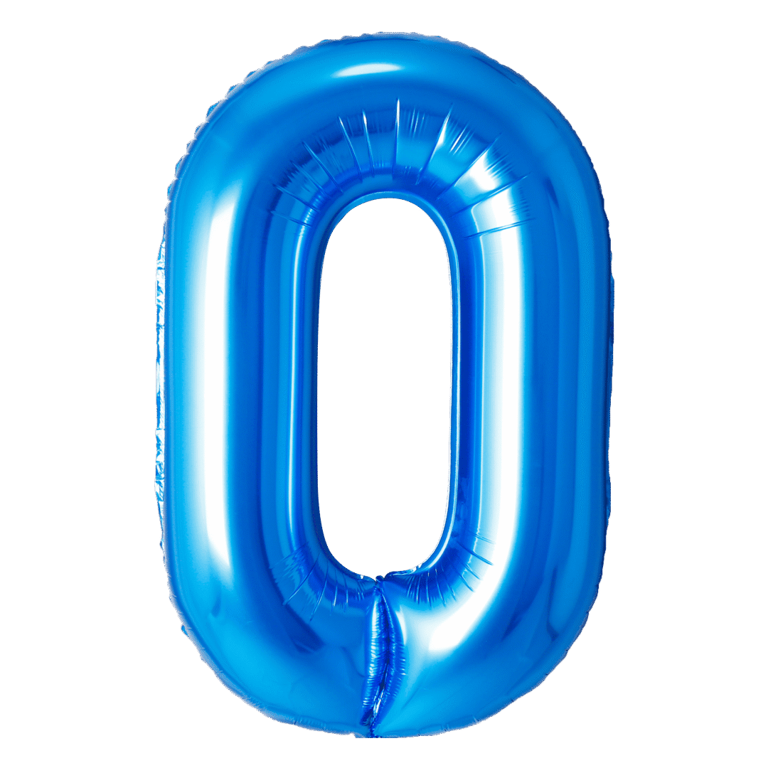A shiny blue balloon shaped like the number zero.