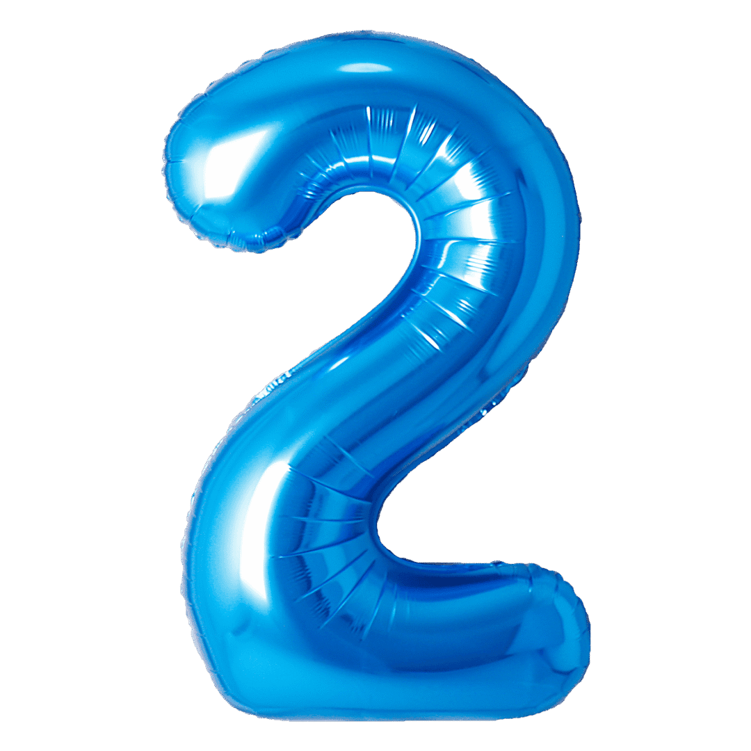 A shiny blue balloon shaped like the number 2.