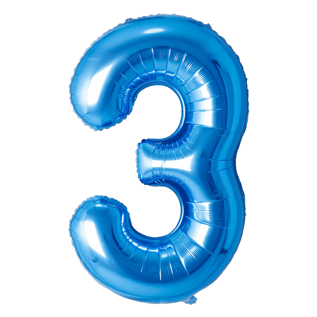 A shiny blue balloon shaped like the number 3.