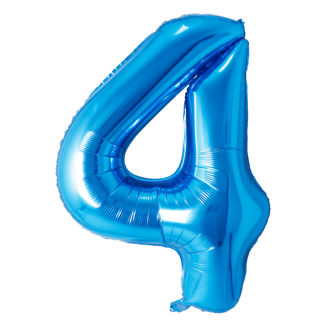 A shiny blue balloon shaped like the number 4.