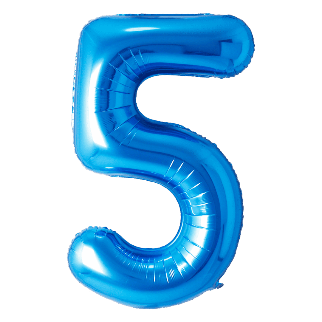 A shiny blue balloon shaped like the number 5.