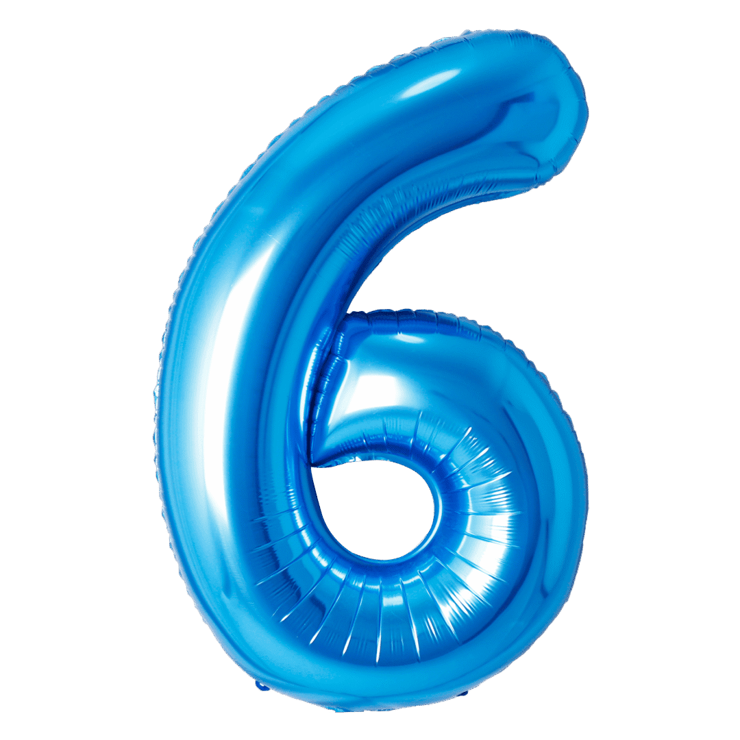 A shiny blue balloon shaped like the number 6.